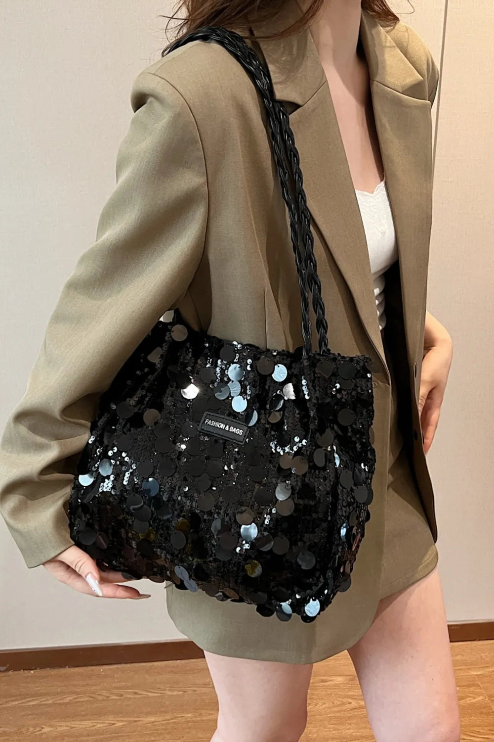 Bolso de Hombro de PVC con Lentejuelas y Correa Trenzada