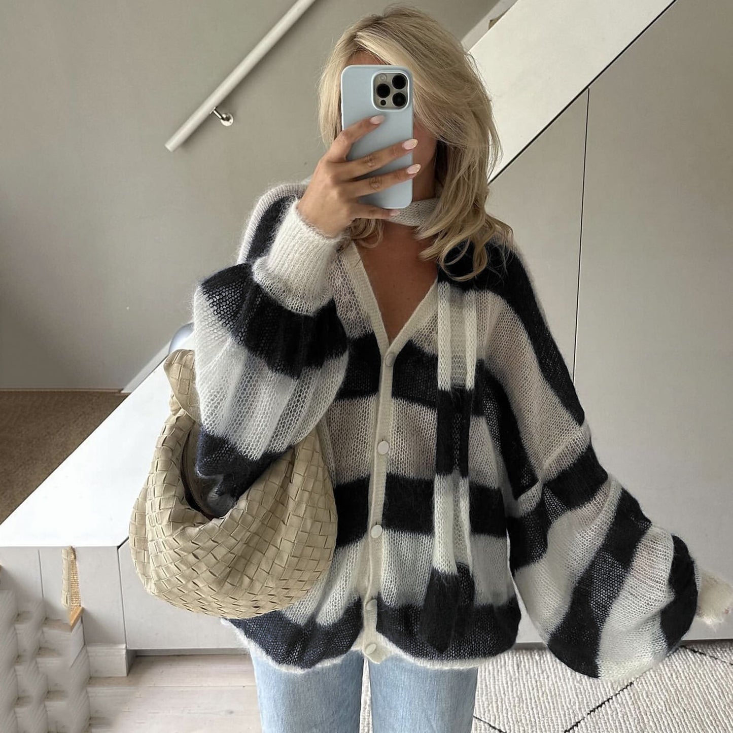 Loose And Idle Striped Sweater Cardigan With Scarf-6