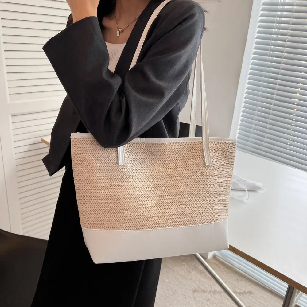 Bolso Tote de Paja Tejida con Asa de Cuero