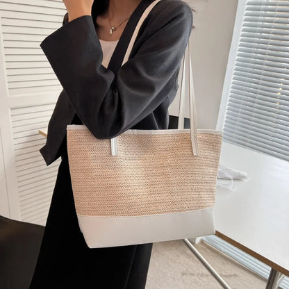 Bolso Tote de Paja Tejida con Asa de Cuero