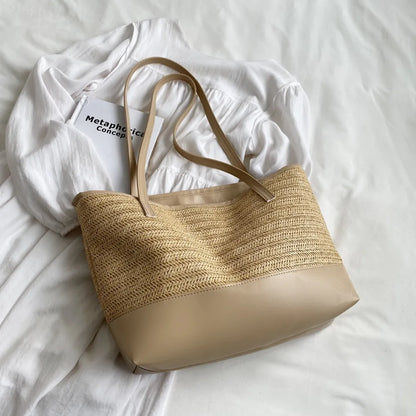 Bolso Tote de Paja Tejida con Asa de Cuero