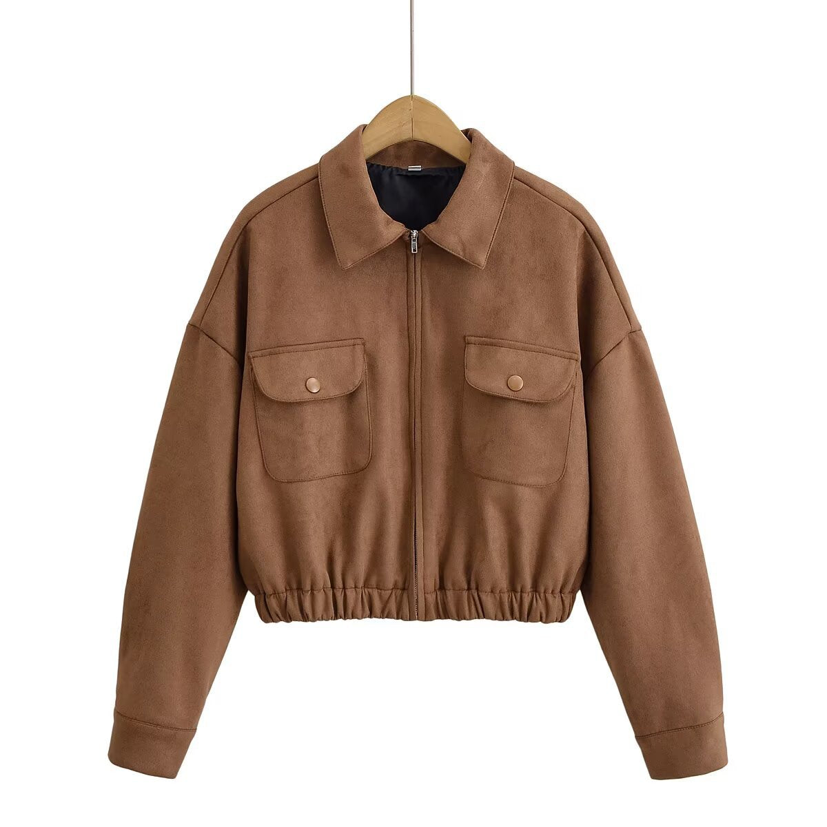 Chaqueta holgada de ante con cuello vuelto y bolsillos