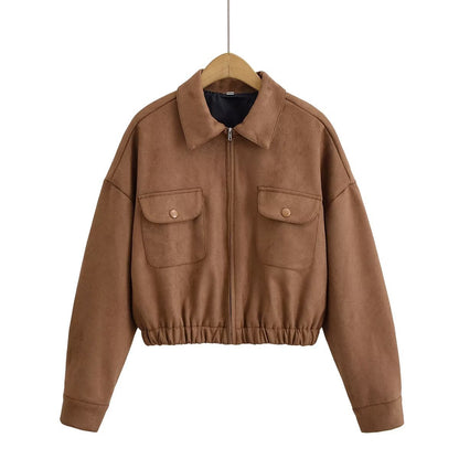 Chaqueta holgada de ante con cuello vuelto y bolsillos