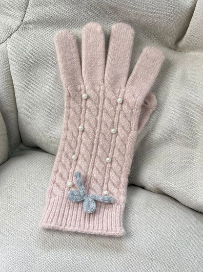 Guantes Térmicos de Lana con Detalle de Perla y Lazo