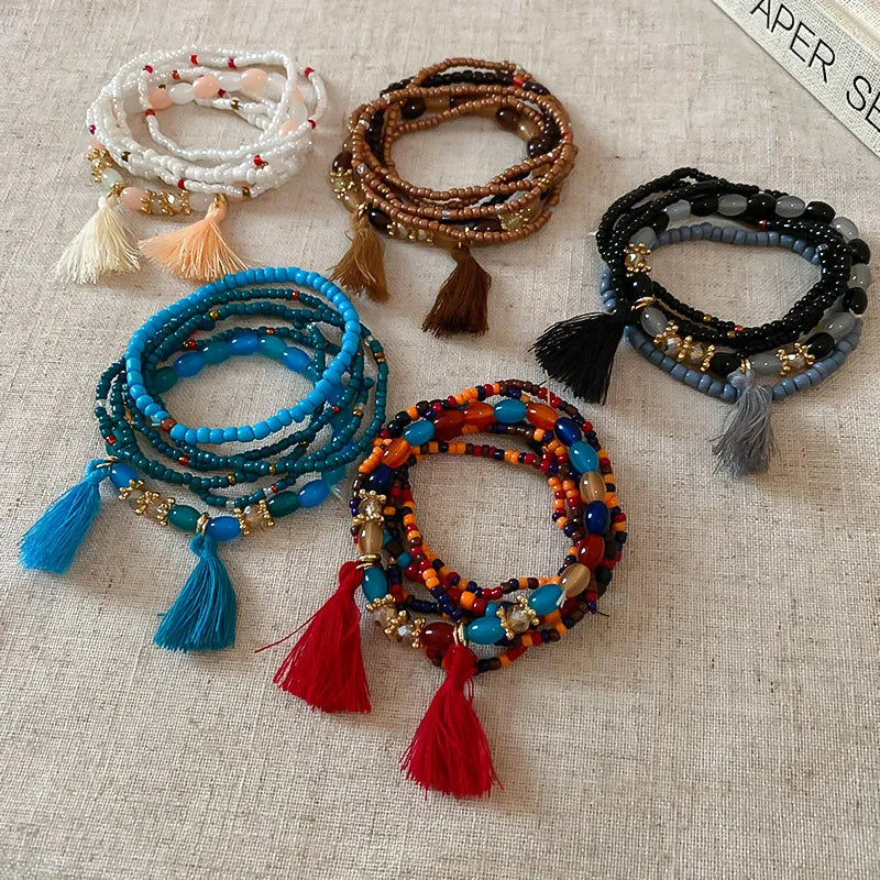 Pulsera de Cuentas de Arroz con Flecos y Cristal Chapada en Oro