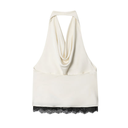 Conjunto de top halter de encaje y falda midi de satén