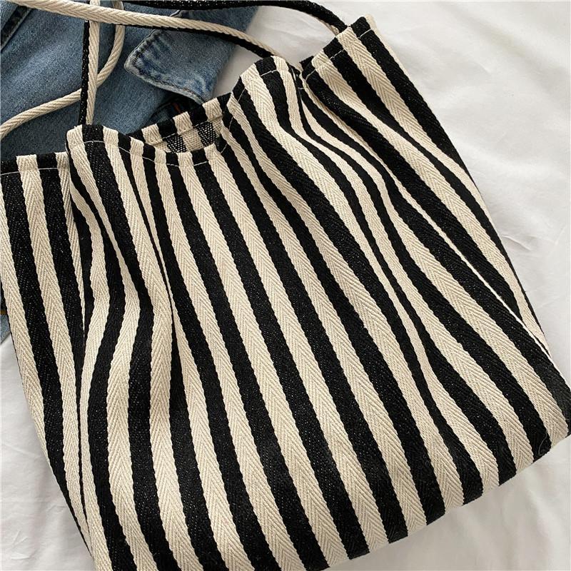 Bolso Tote de Lona a Rayas de Gran Capacidad Estilo Minimalista