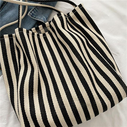 Bolso Tote de Lona a Rayas de Gran Capacidad Estilo Minimalista