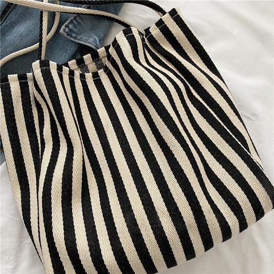 Bolso Tote de Lona a Rayas de Gran Capacidad Estilo Minimalista