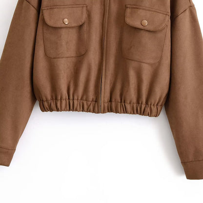 Chaqueta holgada de ante con cuello vuelto y bolsillos