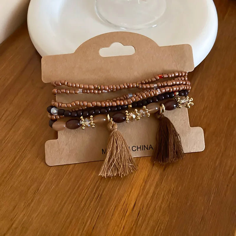 Pulsera de Cuentas de Arroz con Flecos y Cristal Chapada en Oro