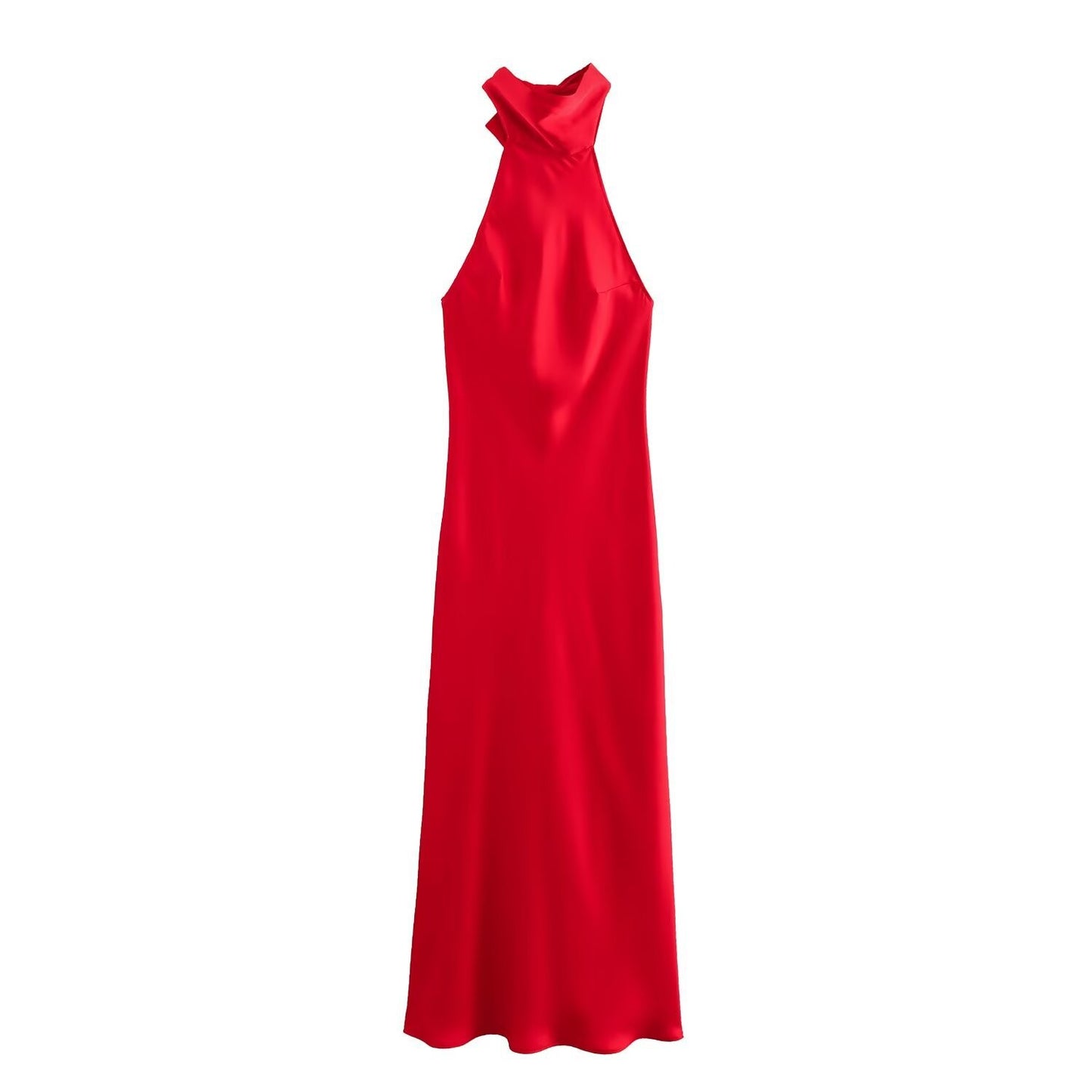Mono largo de satén con cuello halter y falda fluida