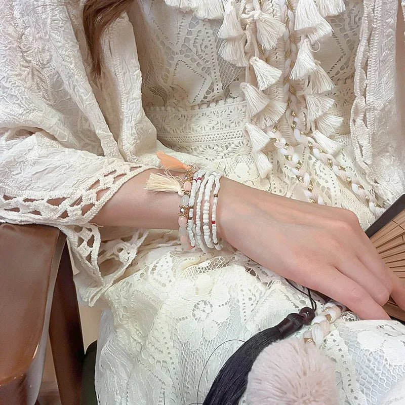 Pulsera de Cuentas de Arroz con Flecos y Cristal Chapada en Oro