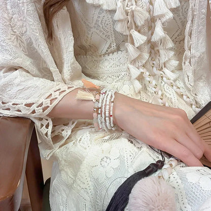 Pulsera de Cuentas de Arroz con Flecos y Cristal Chapada en Oro