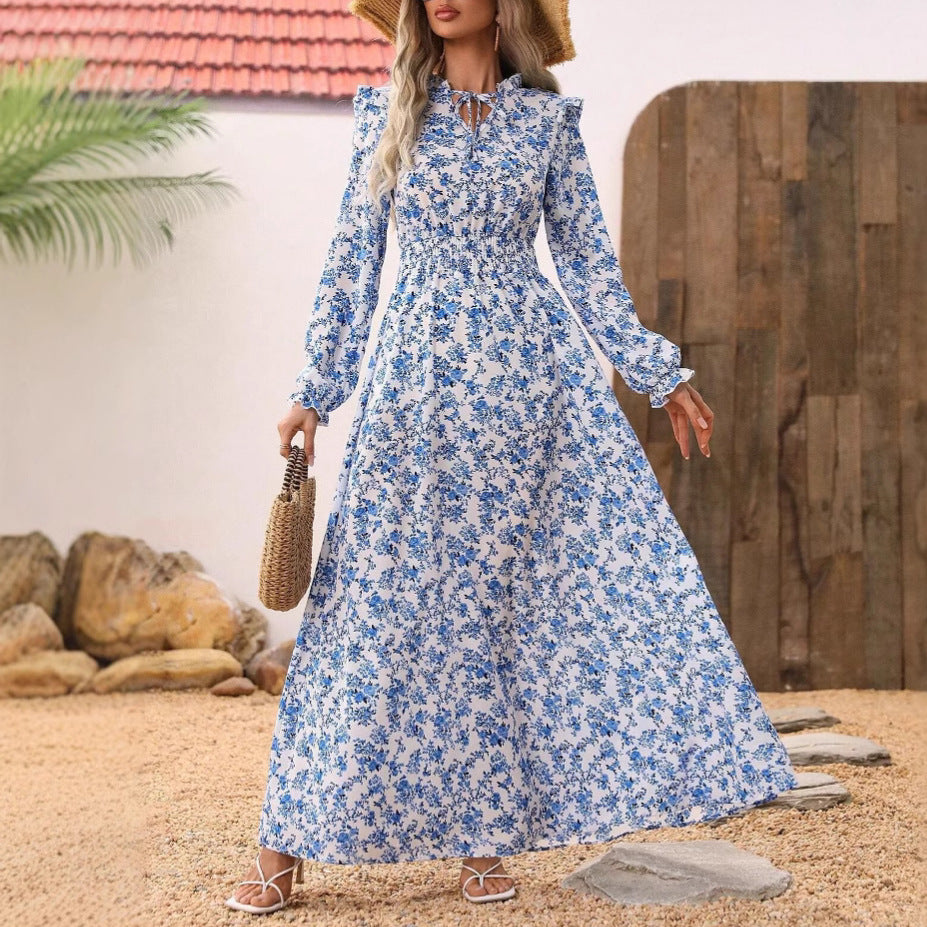 Vestido largo floral elegante de mujer con cinturón, estilo casual