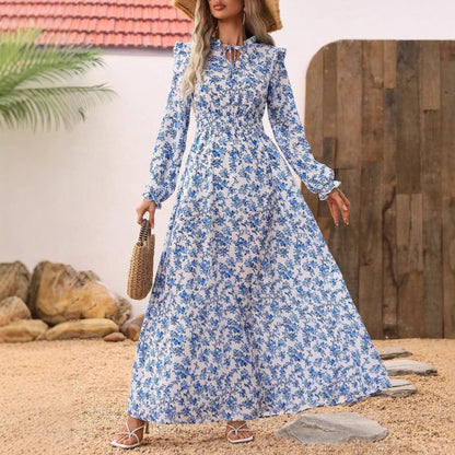Vestido largo floral elegante de mujer con cinturón, estilo casual