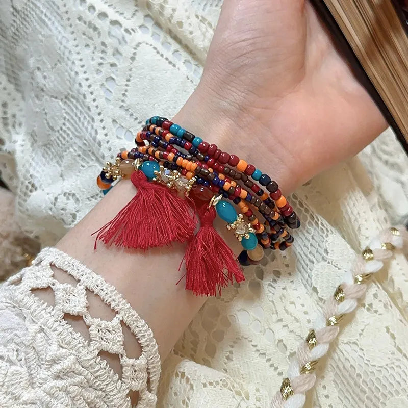 Pulsera de Cuentas de Arroz con Flecos y Cristal Chapada en Oro