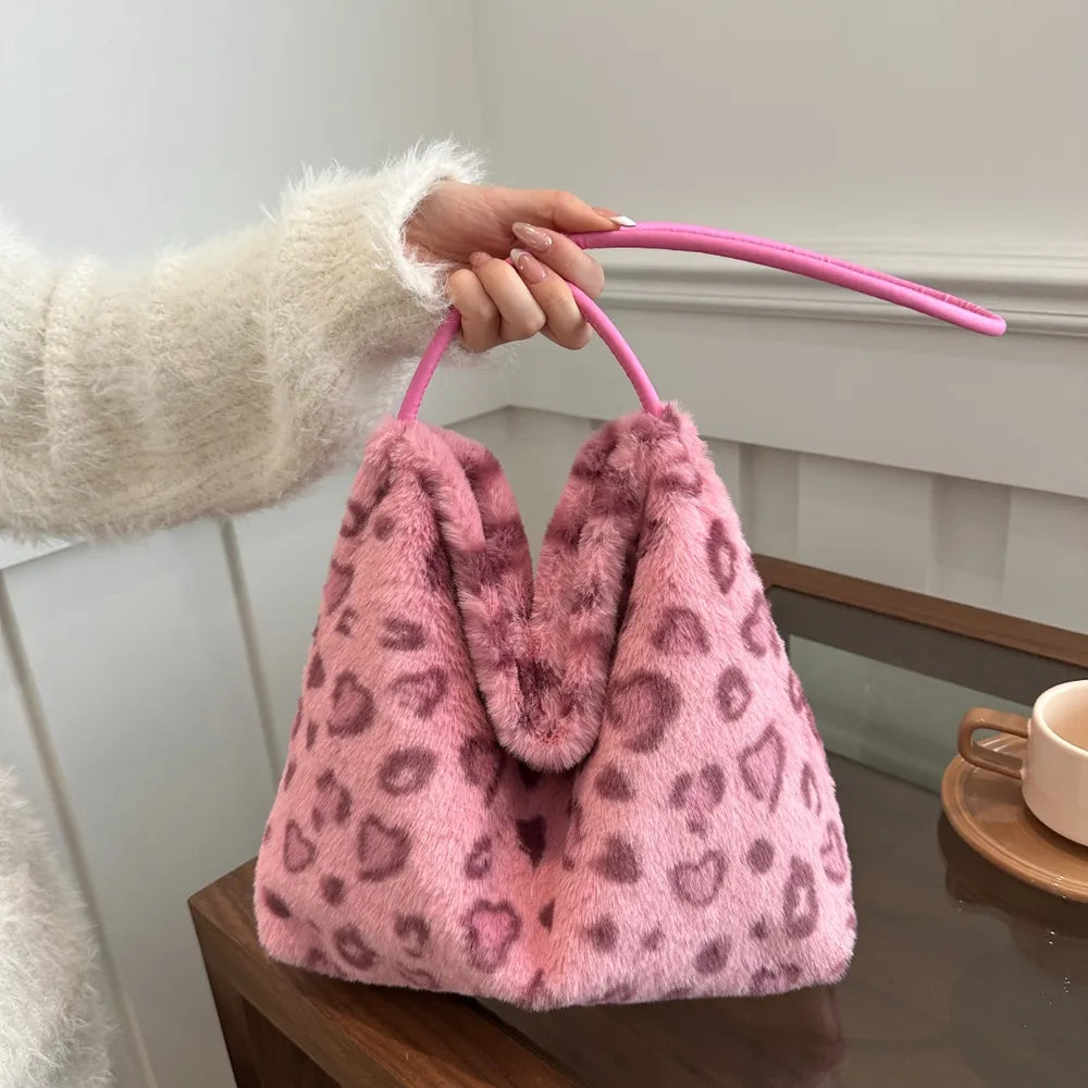 Bolso de Hombro de Pelo Sintético con Estampado de Leopardo