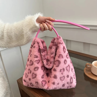 Bolso de Hombro de Pelo Sintético con Estampado de Leopardo