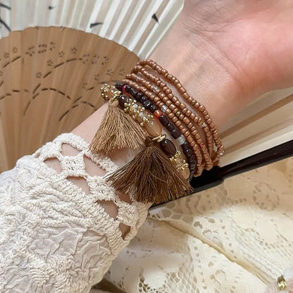 Pulsera de Cuentas de Arroz con Flecos y Cristal Chapada en Oro