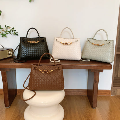 Bolso de hombro tejido con hebilla de cuerda metálica, a la moda, versátil, retro, ideal para mujeres que viajan al trabajo.
