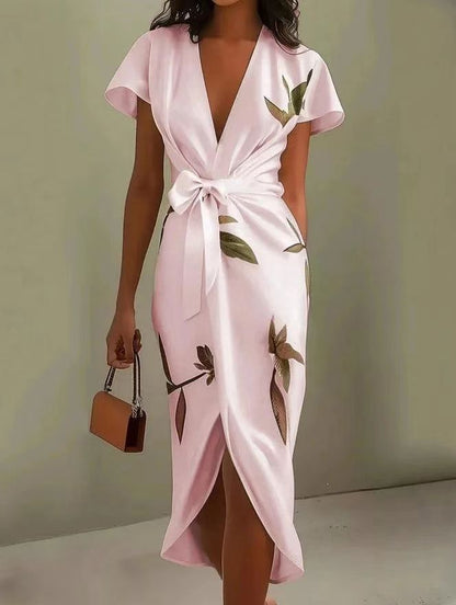 Vestido de satén estampado con cinturón incluido