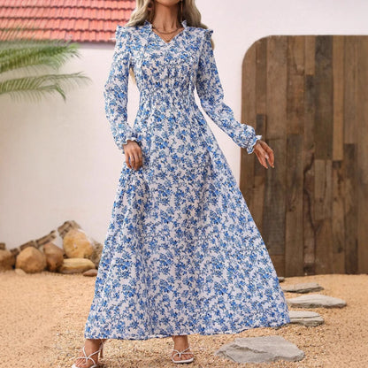 Vestido largo floral elegante de mujer con cinturón, estilo casual