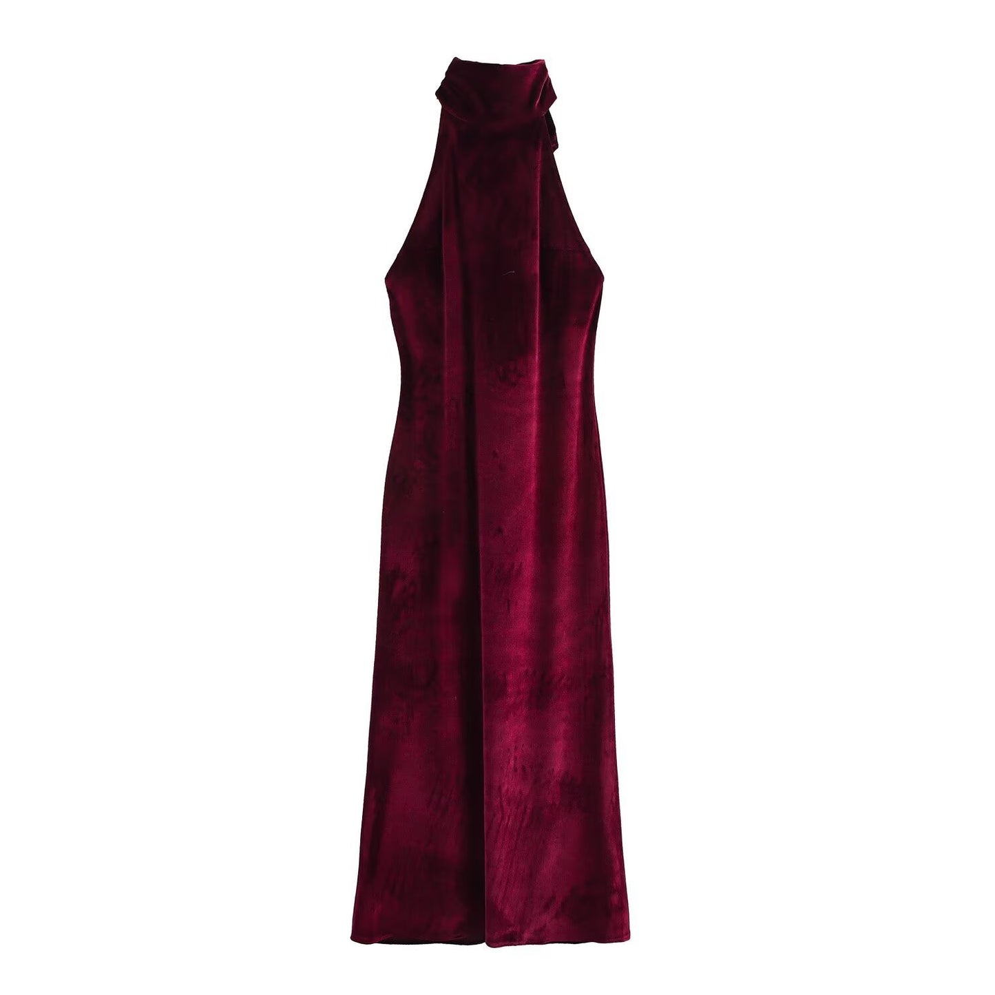 Mono largo de satén con cuello halter y falda fluida