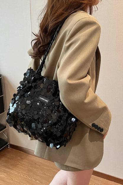 Bolso de Hombro de PVC con Lentejuelas y Correa Trenzada
