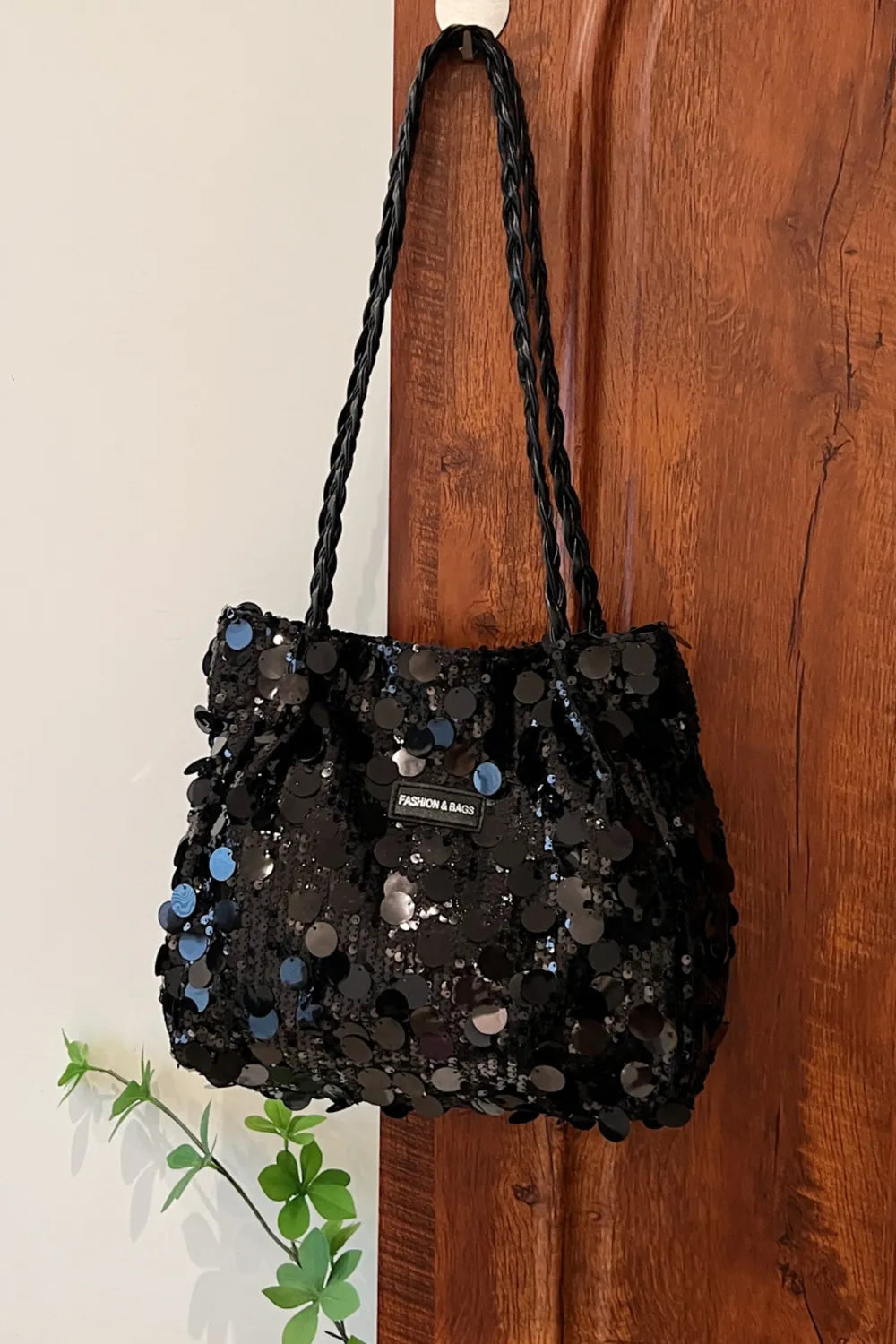 Bolso de Hombro de PVC con Lentejuelas y Correa Trenzada