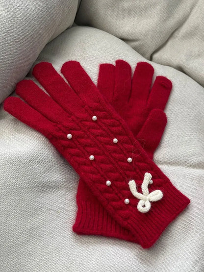 Guantes Térmicos de Lana con Detalle de Perla y Lazo