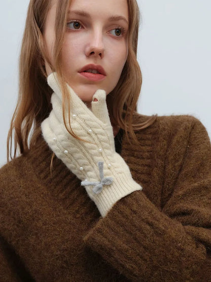 Guantes Térmicos de Lana con Detalle de Perla y Lazo