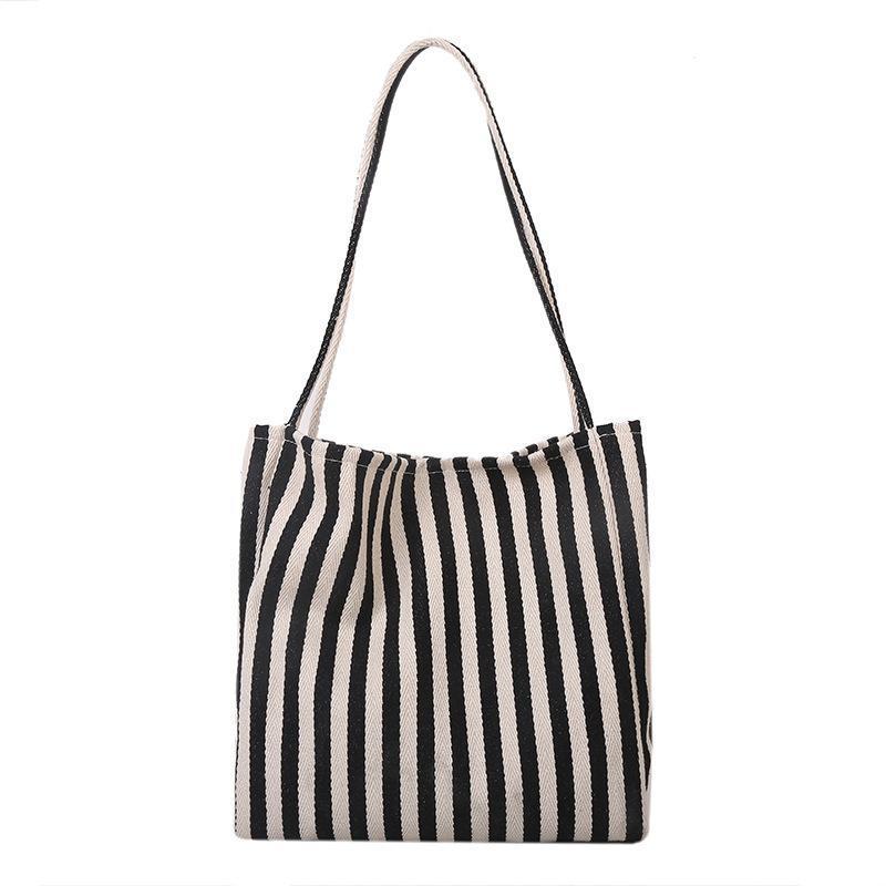 Bolso Tote de Lona a Rayas de Gran Capacidad Estilo Minimalista