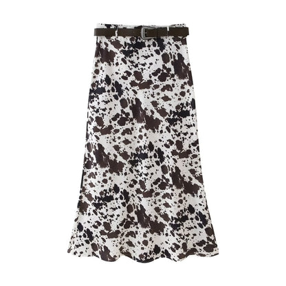 Falda midi estampada de satén estilo europeo con cinturón