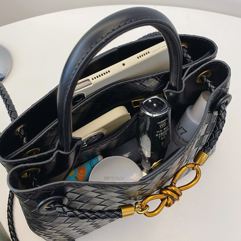 Bolso de hombro tejido con hebilla de cuerda metálica, a la moda, versátil, retro, ideal para mujeres que viajan al trabajo.