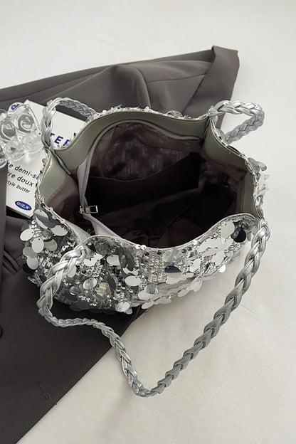 Bolso de Hombro de PVC con Lentejuelas y Correa Trenzada