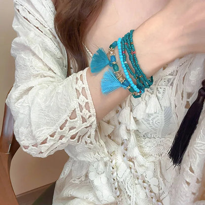 Pulsera de Cuentas de Arroz con Flecos y Cristal Chapada en Oro
