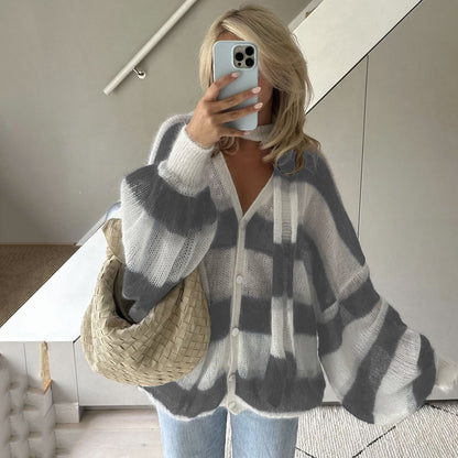 Loose And Idle Striped Sweater Cardigan With Scarf-7