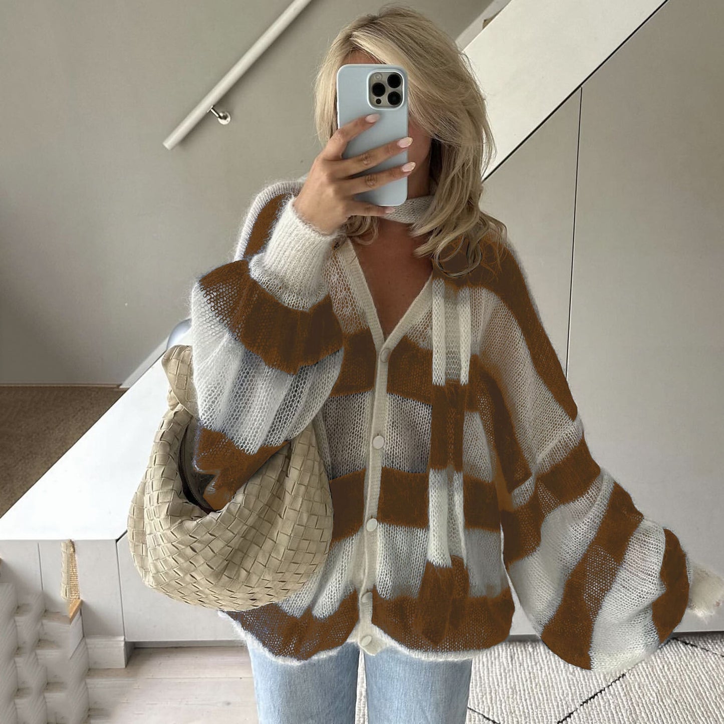 Loose And Idle Striped Sweater Cardigan With Scarf-8