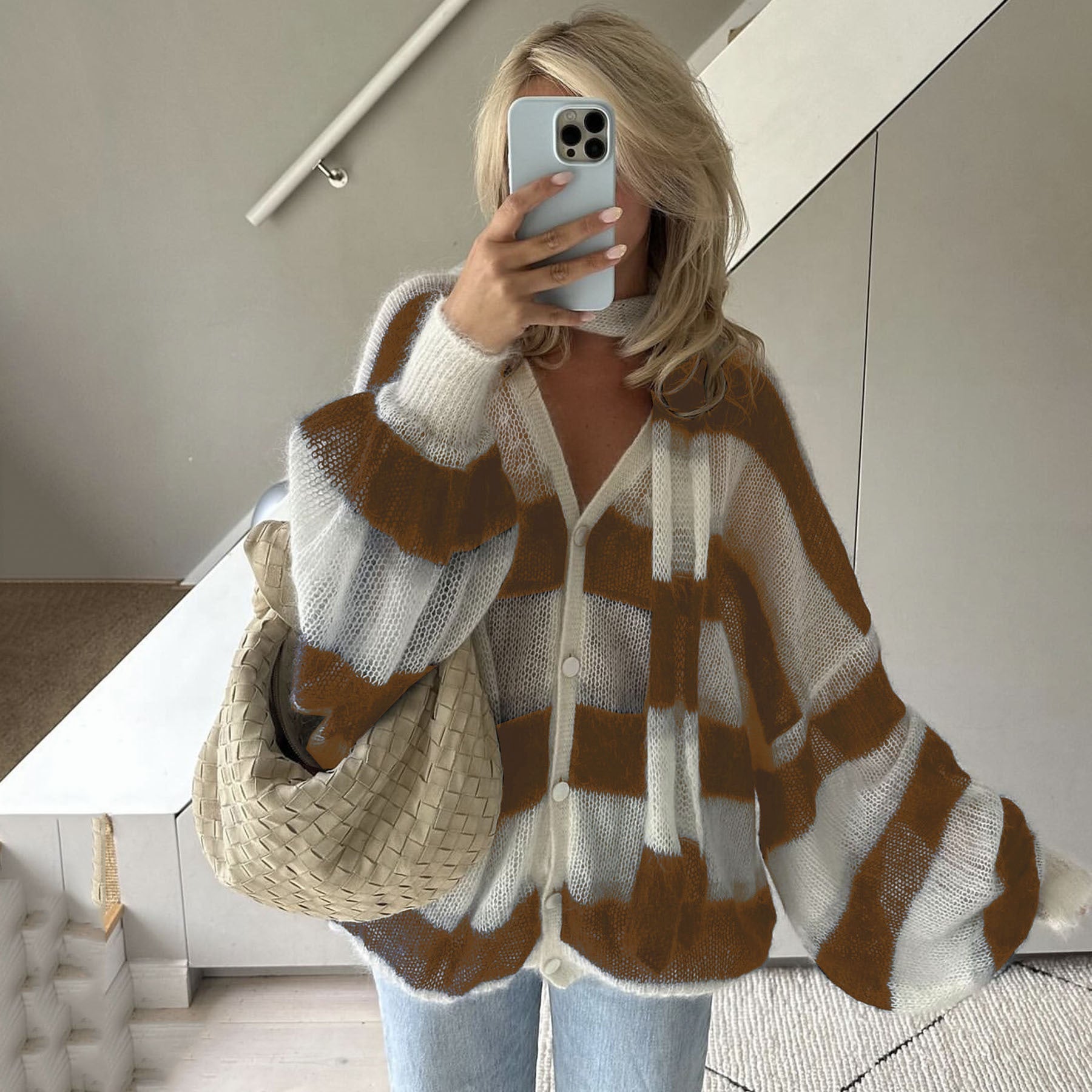 Loose And Idle Striped Sweater Cardigan With Scarf-8