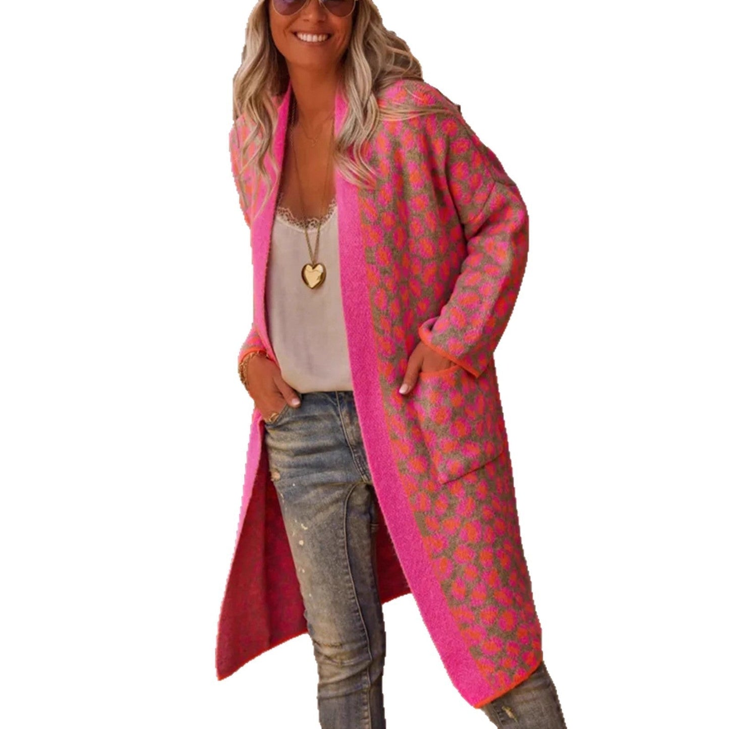 Contrast Color Leopard Print Long Knitwear Fashion Retro Pocket Sweater Women's Coat-4