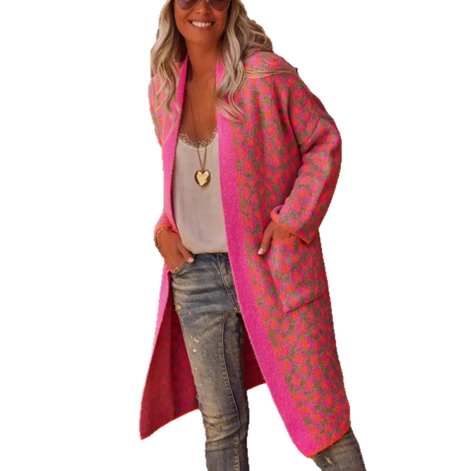 Contrast Color Leopard Print Long Knitwear Fashion Retro Pocket Sweater Women's Coat-4