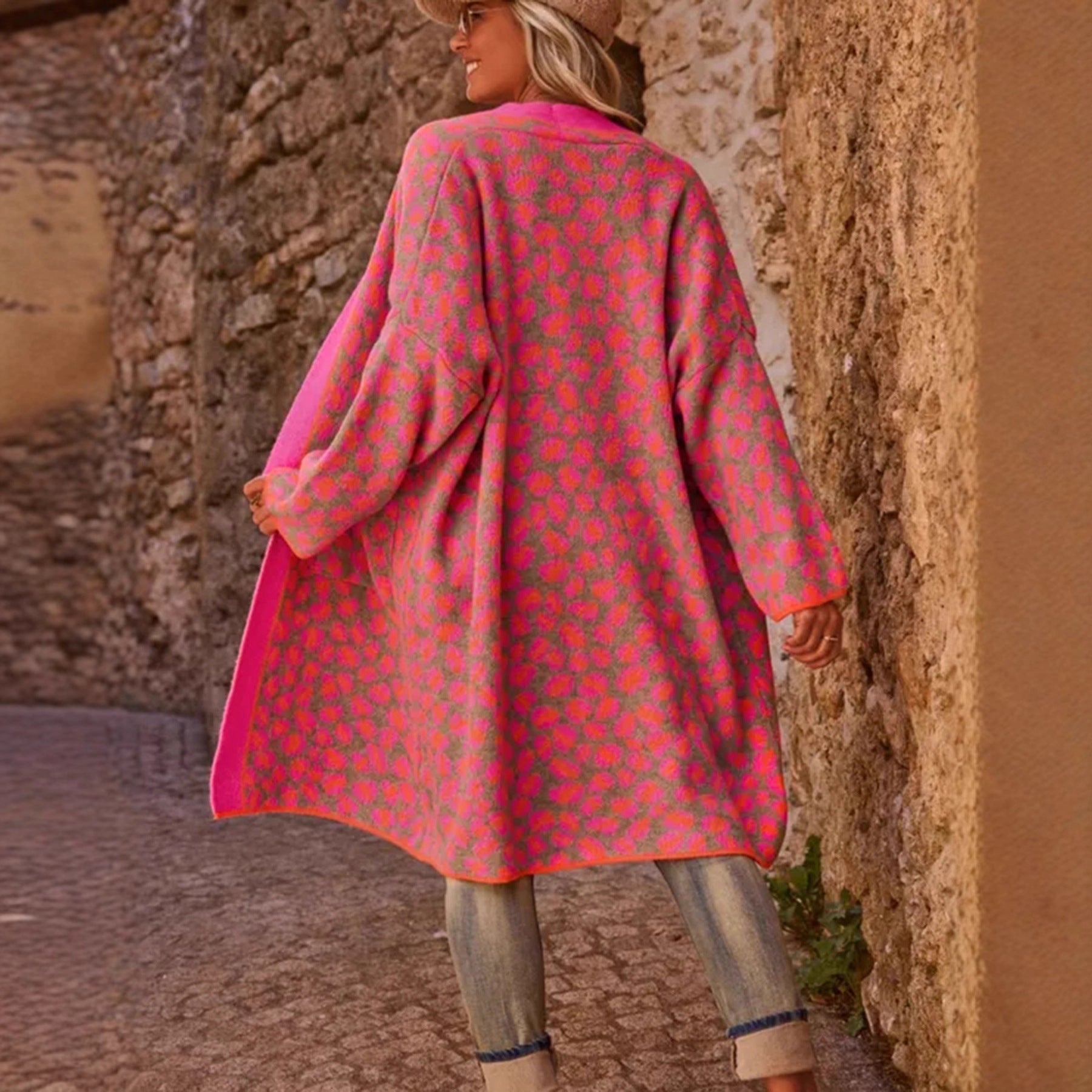 Contrast Color Leopard Print Long Knitwear Fashion Retro Pocket Sweater Women's Coat-2