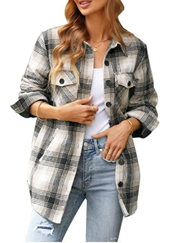 Women Oversized Check Button Shirt Jacket-5